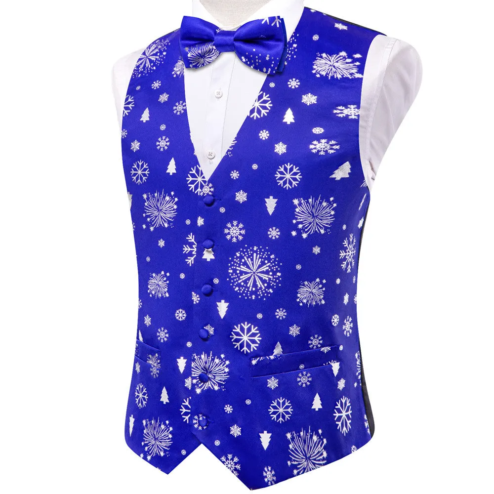 Hi-Tie Blue White Christmas Tree Elements Vest Necktie Bowtie Set