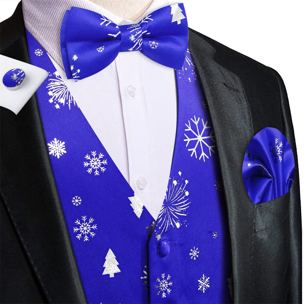 Hi-Tie Blue White Christmas Tree Elements Vest Necktie Bowtie Set