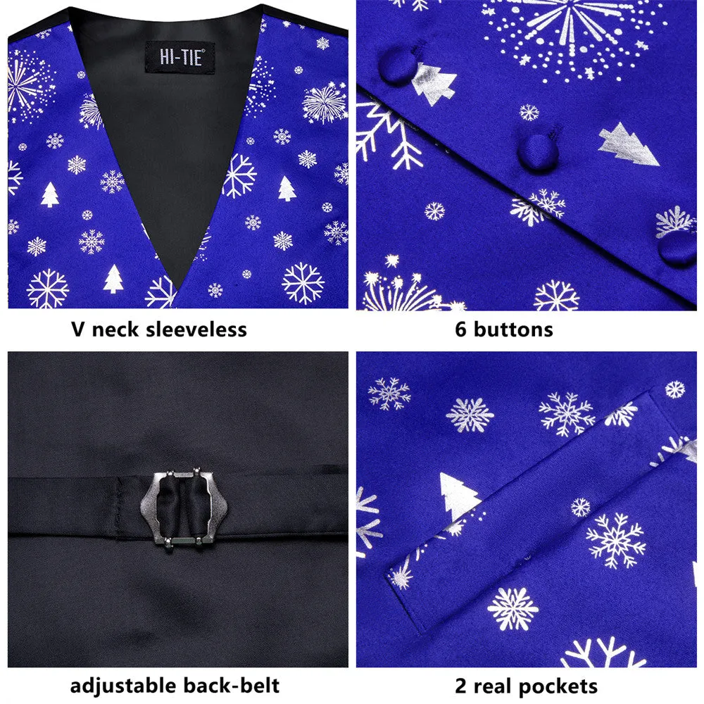 Hi-Tie Blue White Christmas Tree Elements Vest Necktie Bowtie Set