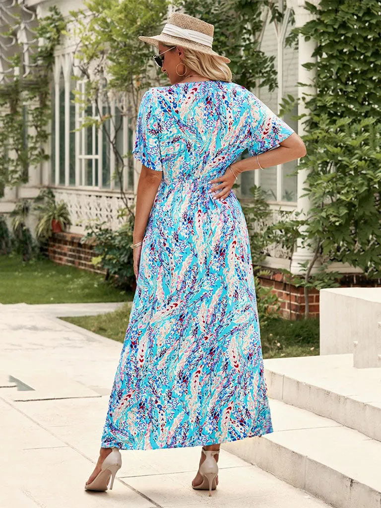 High Waist V Neck Short Sleeves Floral Printed Maxi Boho Dress