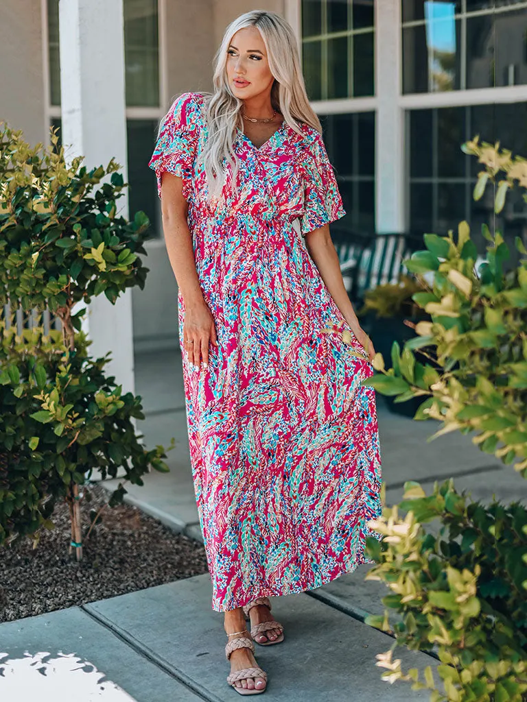 High Waist V Neck Short Sleeves Floral Printed Maxi Boho Dress