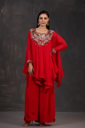 Hot Red Embellished Premium Organza Silk Co-Ord Set