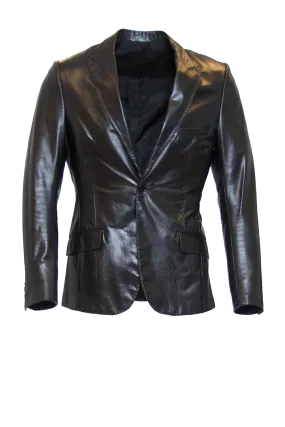 JET BLACK FITTED 2-BUTTON SINGLE BREASTED LEATHER BLAZER