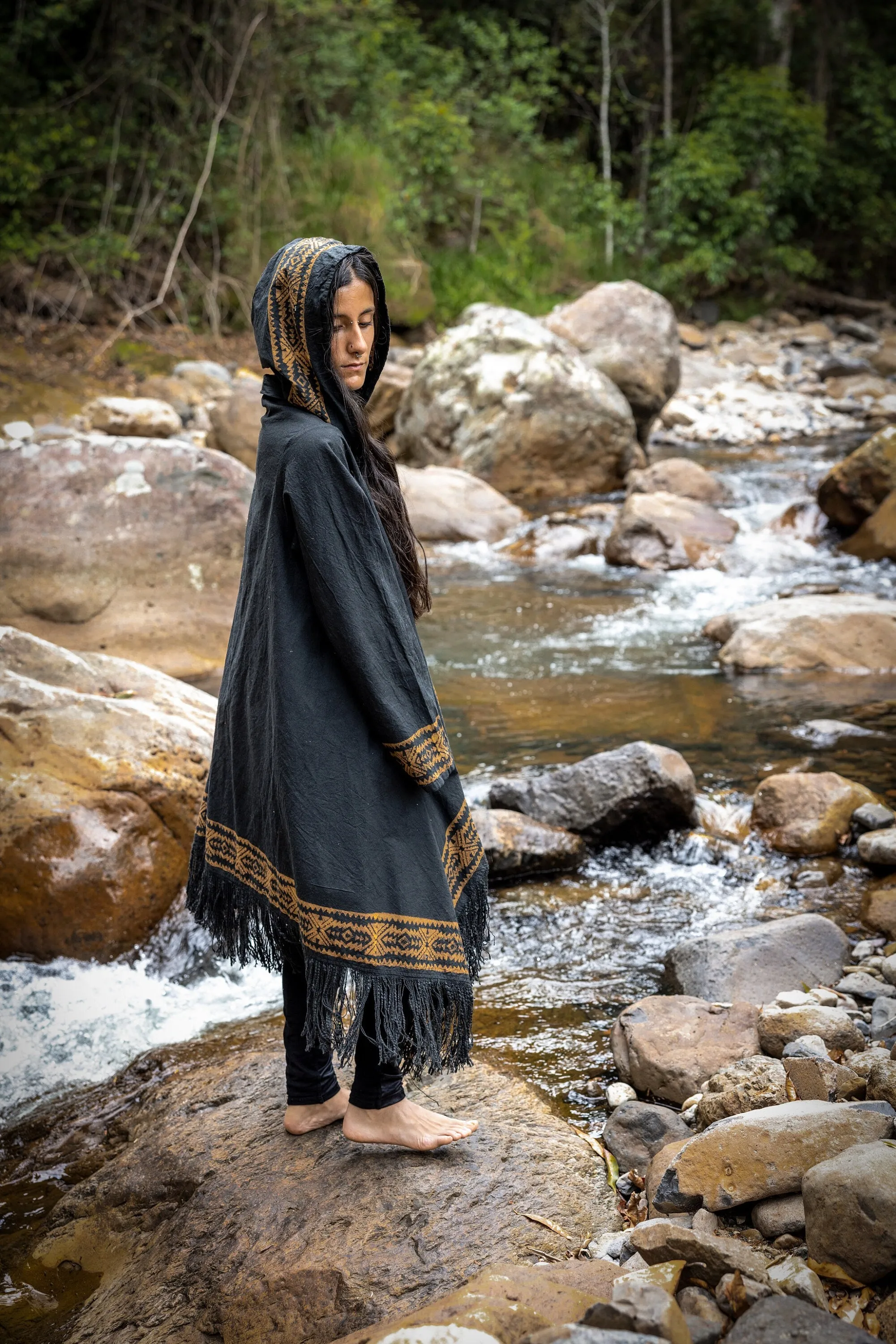 JUBBA Black Womens Hooded Cloak Long Sleeve Poncho Jacket Festival Tribal Dystopian Apocalyptic Block Printed Steampunk Handmade Dune AJJAYA