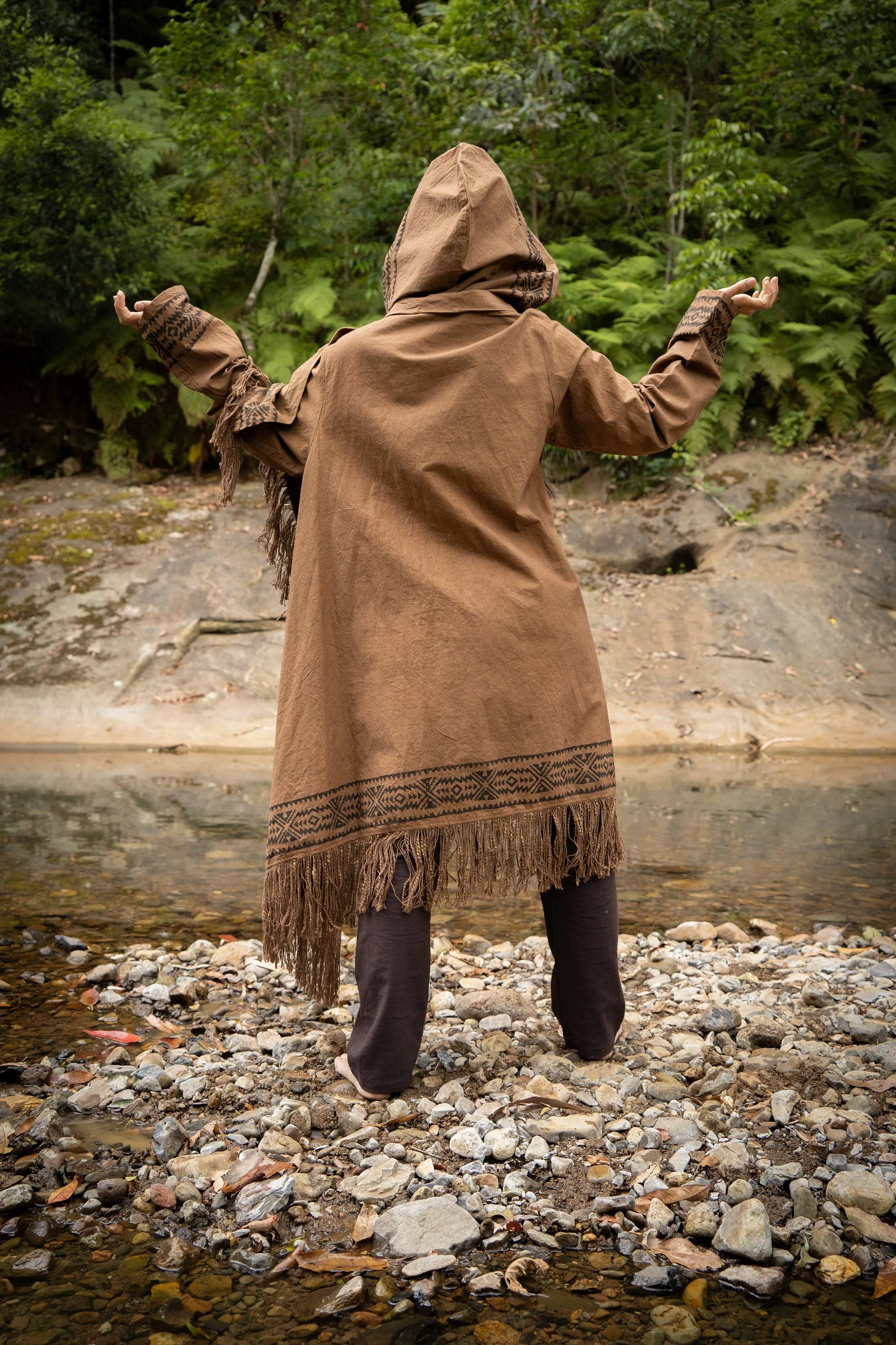 JUBBA Brown Womens Hooded Cloak Long Sleeve Poncho Jacket Festival Tribal Dystopian Apocalyptic Block Printed Steampunk Handmade Dune AJJAYA