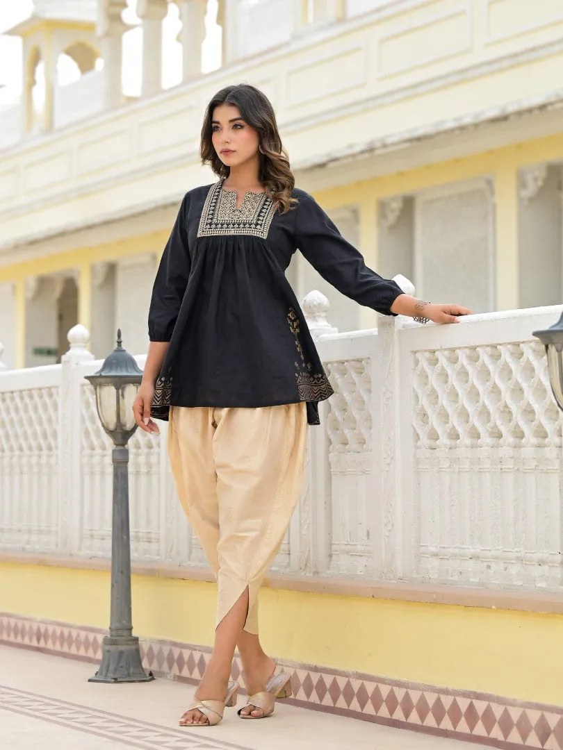 Juniper Black Ethnic Motif Printed Tunic & Dhoti Pant Co-Ord Set For Women With Zari Embroidery