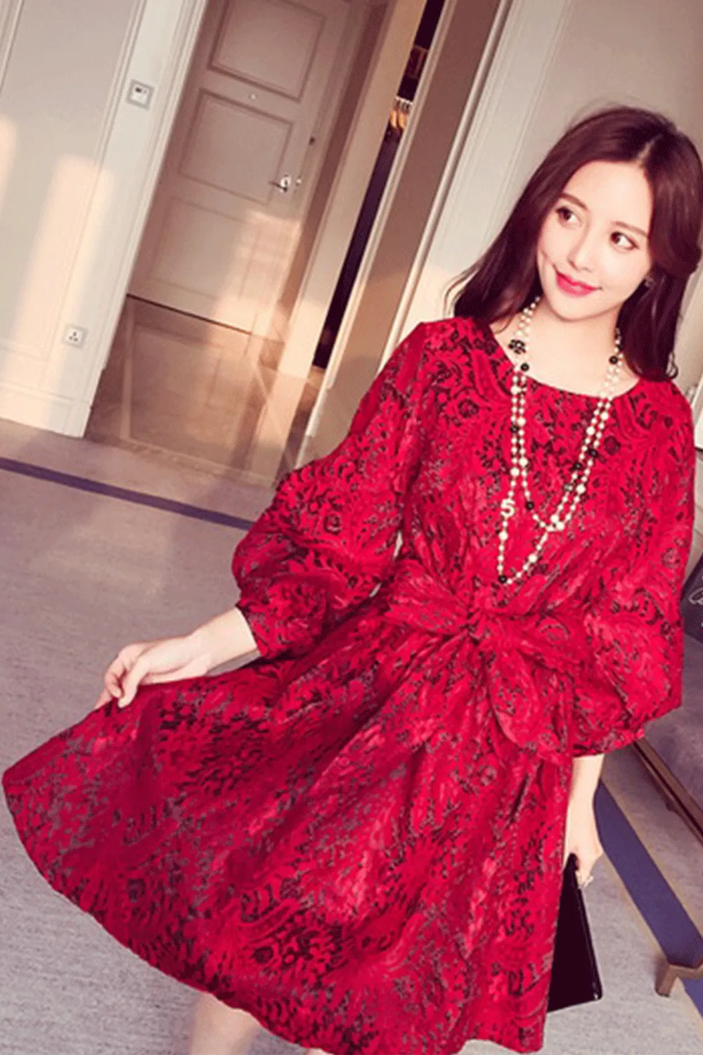 Ketty More Women Printed Cloth Belt Knee Long Comfortable Dress-KMWD413