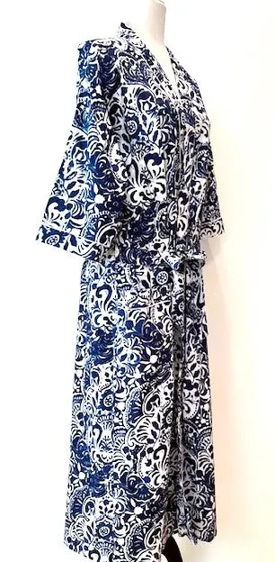 Kimono Cotton Robe Is A Great Coverup or Over Jacket. (Navy and White)