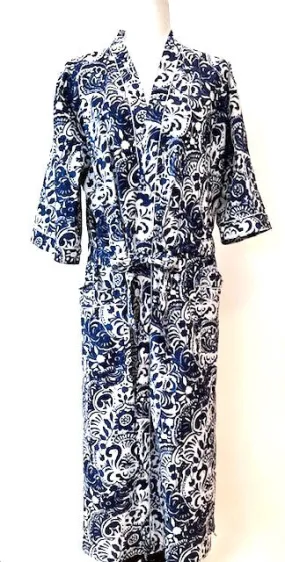 Kimono Cotton Robe Is A Great Coverup or Over Jacket. (Navy and White)