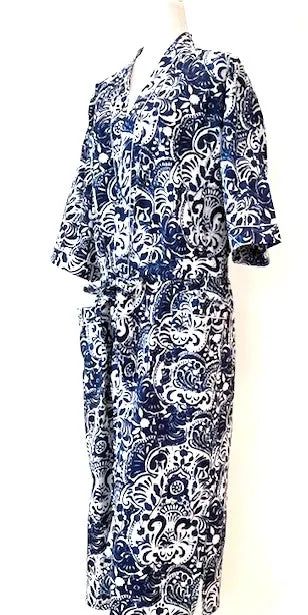 Kimono Cotton Robe Is A Great Coverup or Over Jacket. (Navy and White)