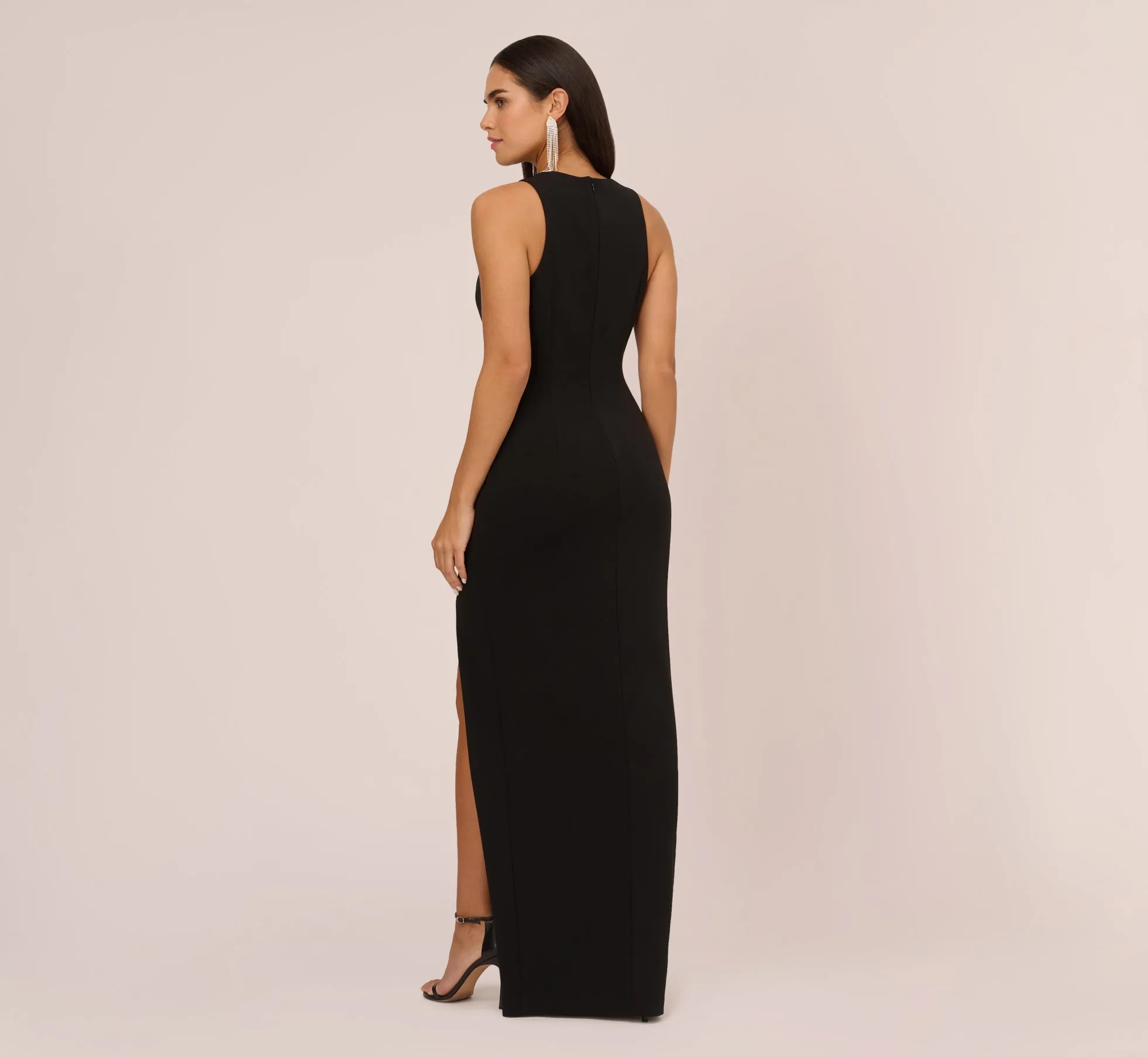 Knit Crepe Sleeveless Column Gown With Cutout Neckline In Black