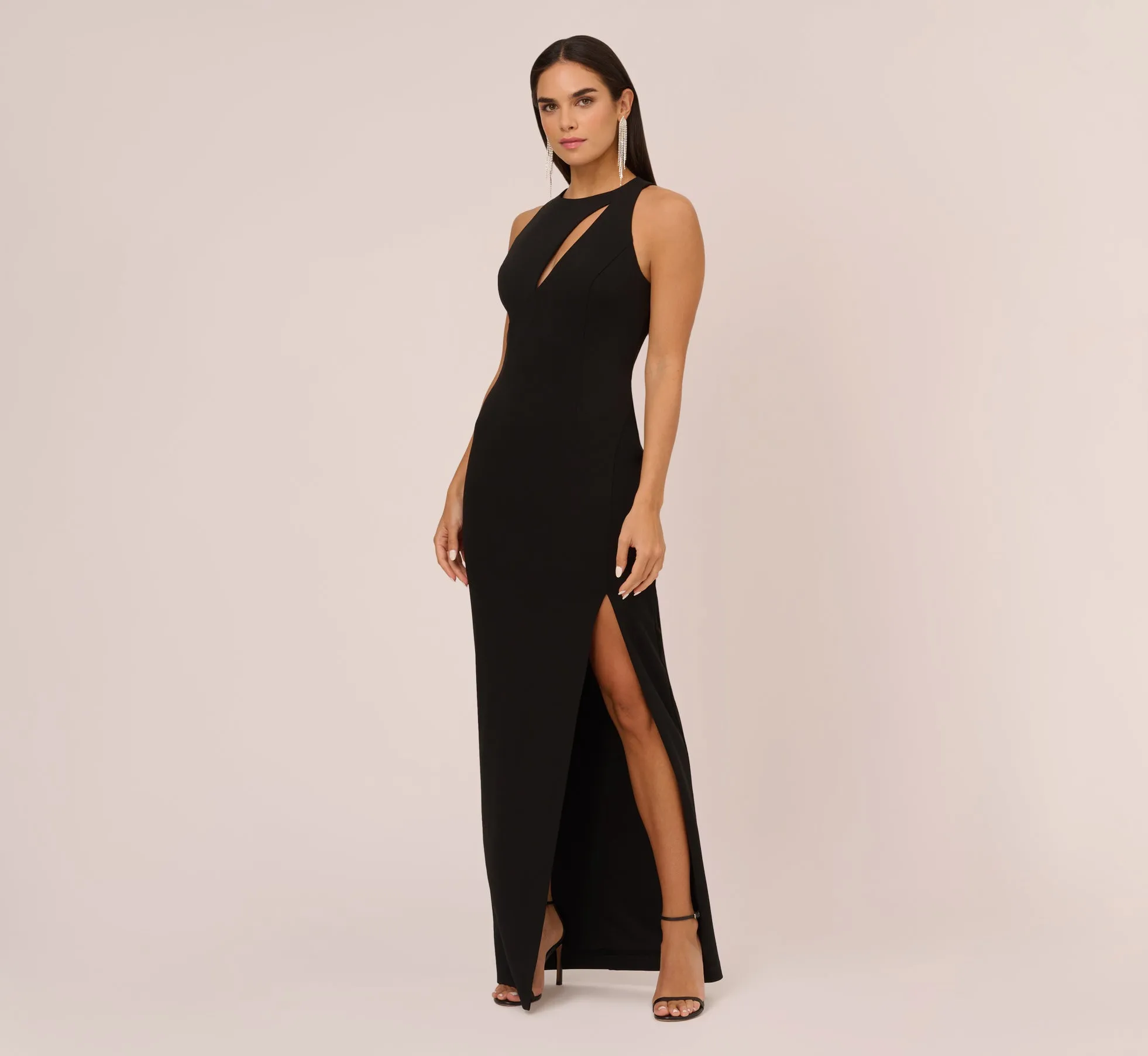 Knit Crepe Sleeveless Column Gown With Cutout Neckline In Black