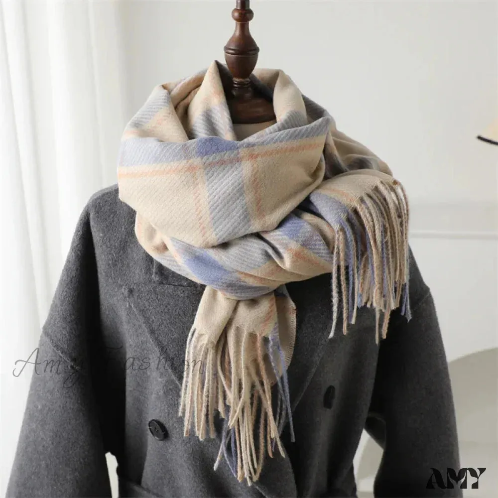 Korean Style Thick Warm Shawl Wrap Plaid Cashmere Blanket Scarf