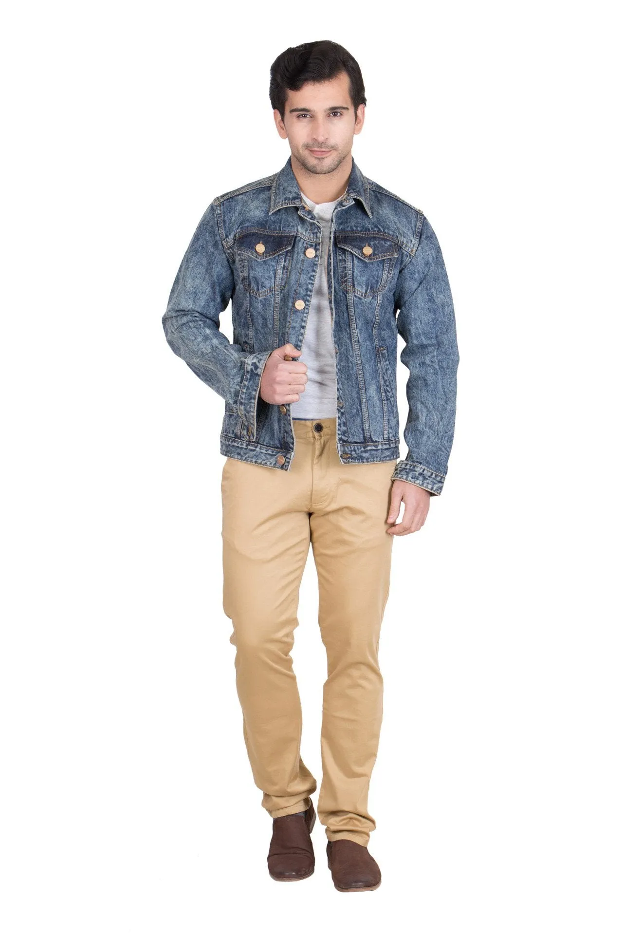 Krossstitch Full Sleeve Orange Blue Cloud Wash Men's Denim Jacket with Brass Button