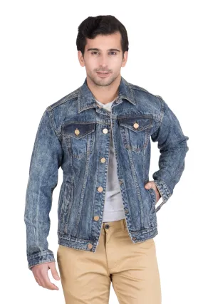 Krossstitch Full Sleeve Orange Blue Cloud Wash Men's Denim Jacket with Brass Button