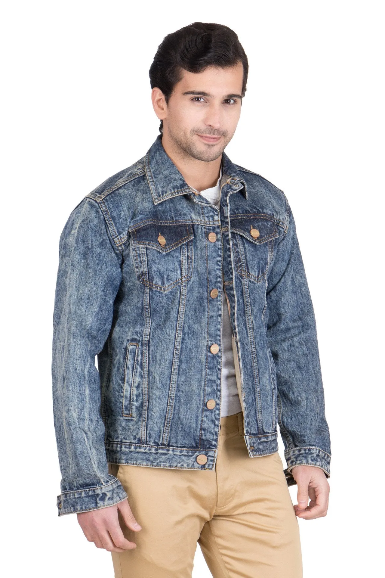 Krossstitch Full Sleeve Orange Blue Cloud Wash Men's Denim Jacket with Brass Button