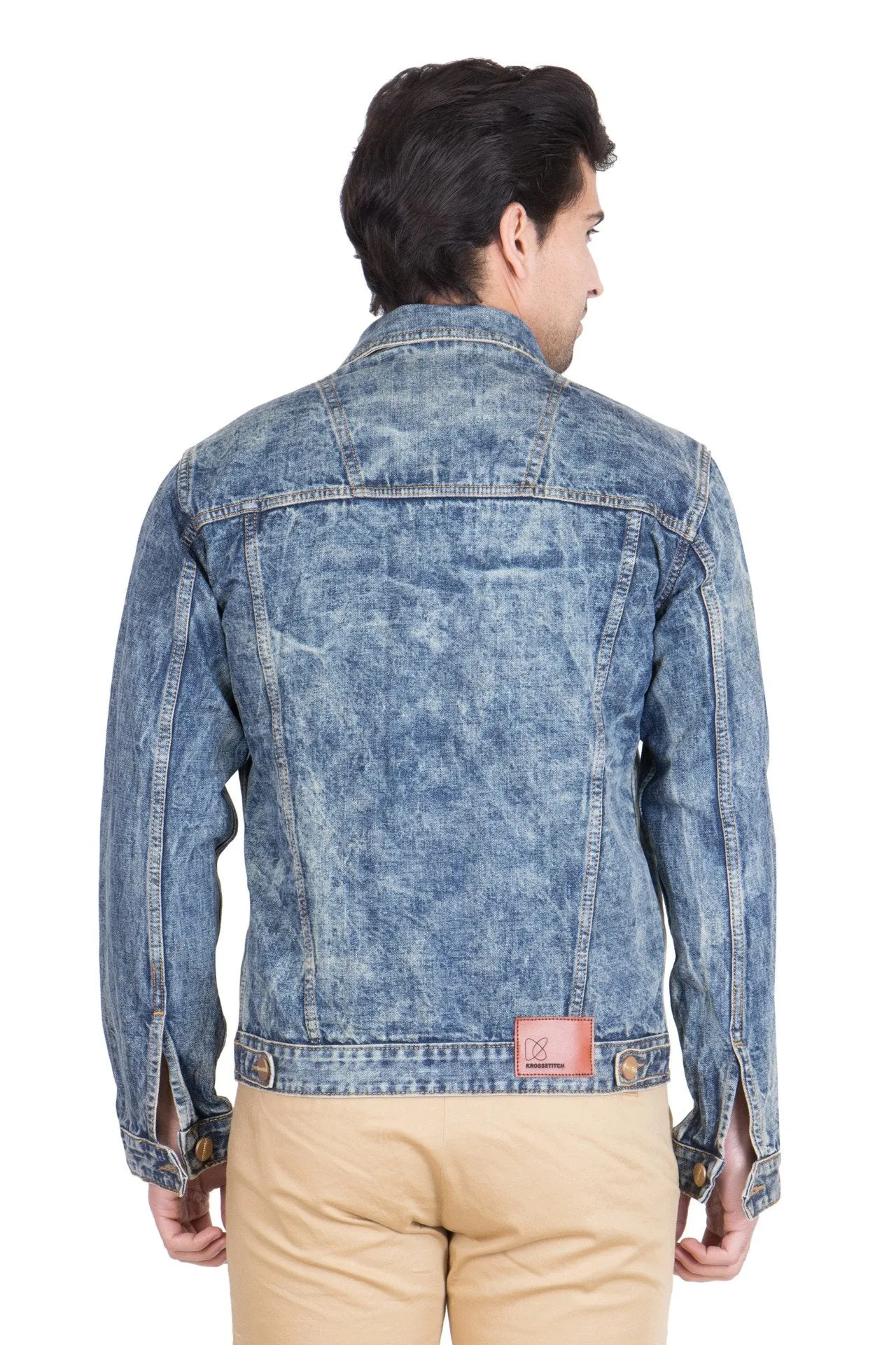 Krossstitch Full Sleeve Orange Blue Cloud Wash Men's Denim Jacket with Brass Button