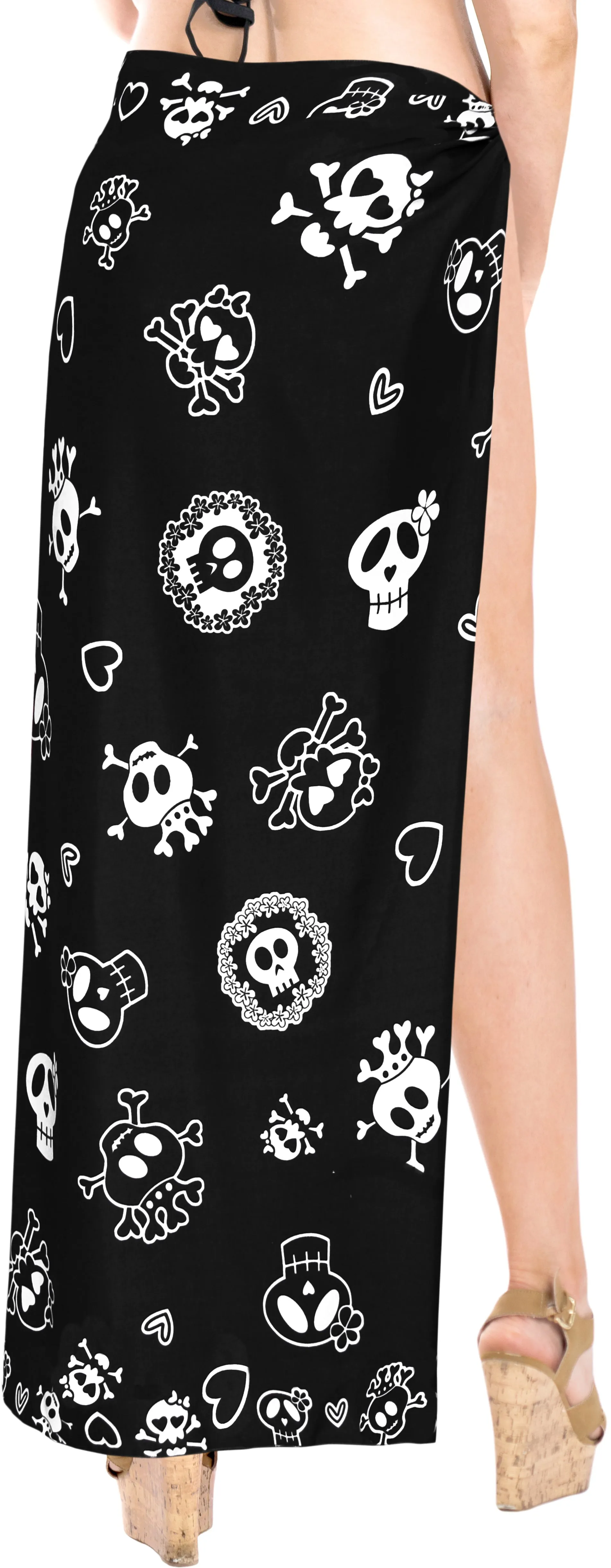 LA LEELA Women Halloween Skulls Skeleton Beach Cover Up Sarong Swimsuit Coverup Pareo One Size Black_B874