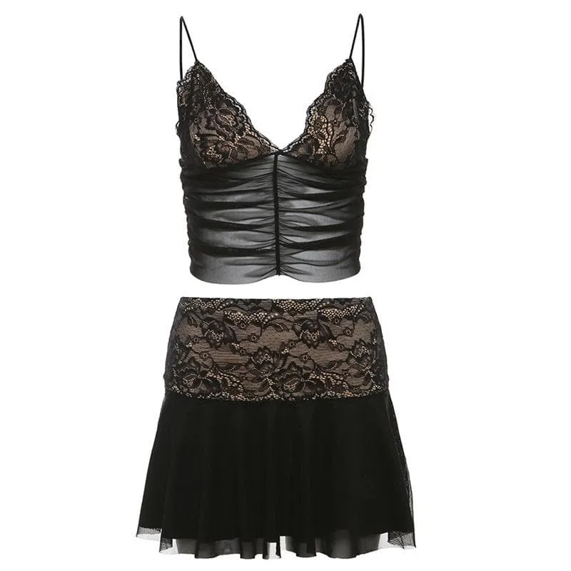 Lace v neck ruched mesh patchwork cami mini skirt set