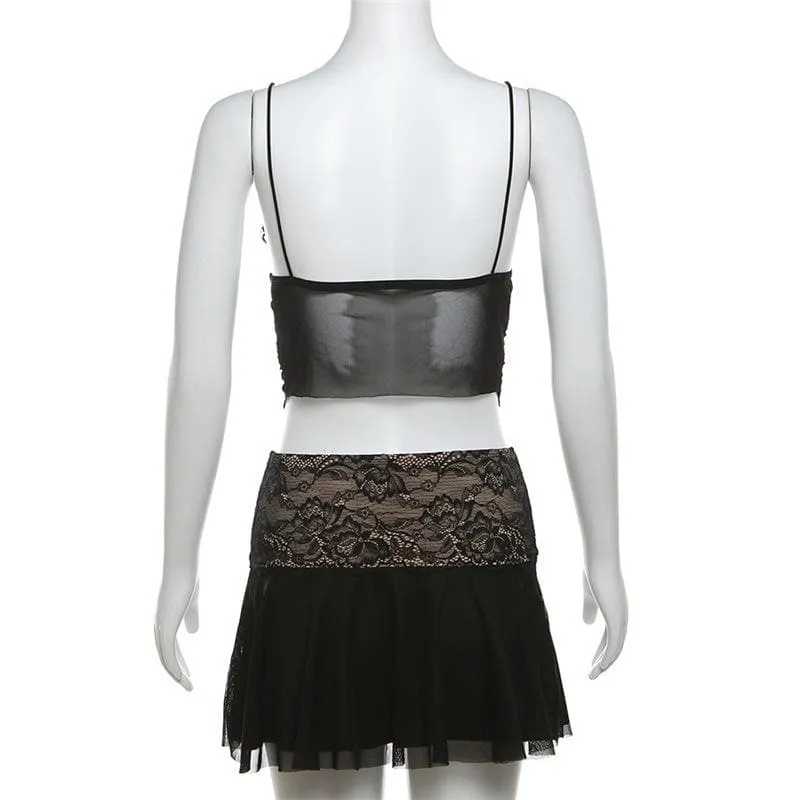 Lace v neck ruched mesh patchwork cami mini skirt set