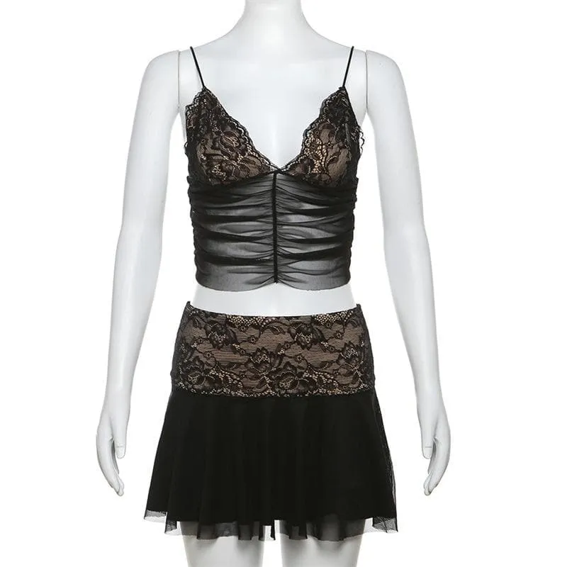 Lace v neck ruched mesh patchwork cami mini skirt set