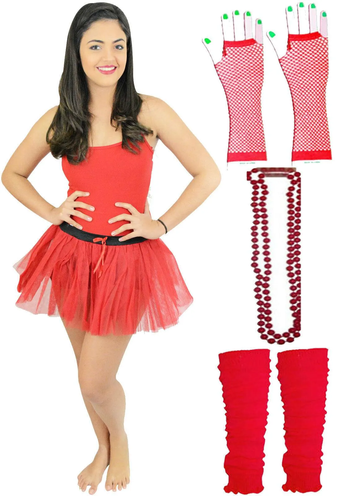 Ladies Red 1980’s Tutu Skirt Legwarmer Beads Gloves Vest Hen Night Party Costume