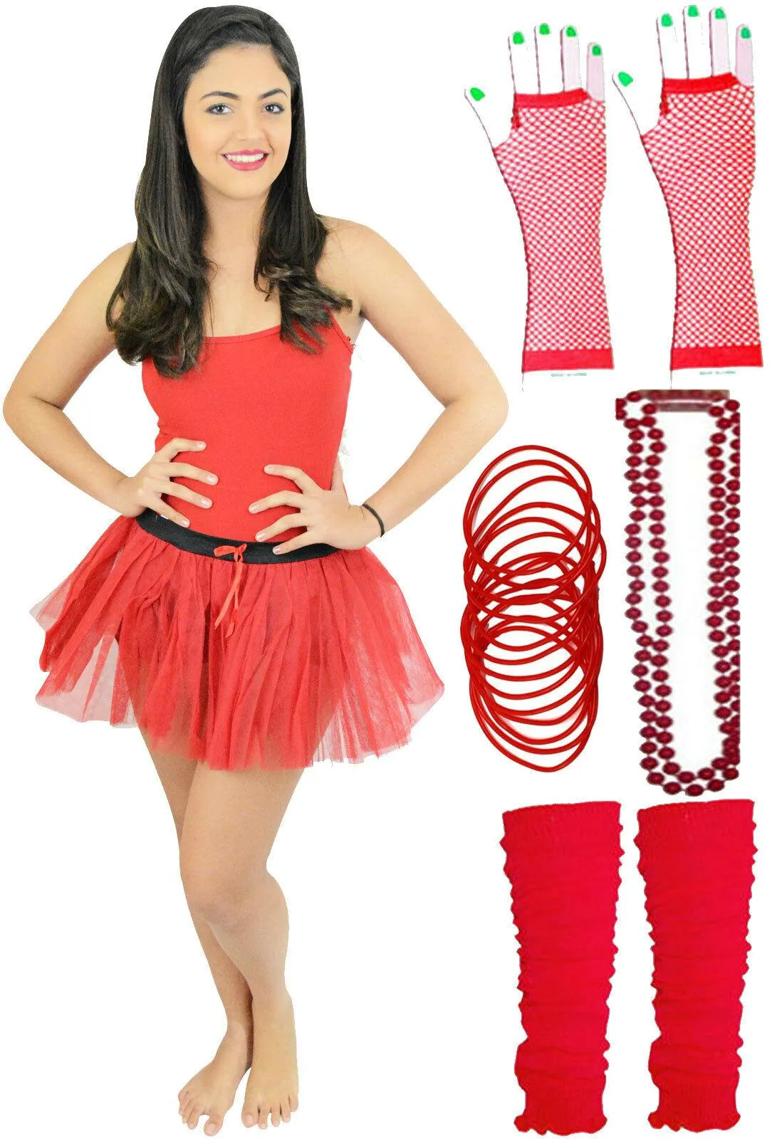 Ladies Red 1980’s Tutu Skirt Legwarmer Beads Gloves Vest Hen Night Party Costume