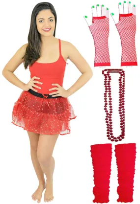 Ladies Red Sequin Tutu Skirt Beads Legwarmer Gloves Vest 1980’s Hen Night Party