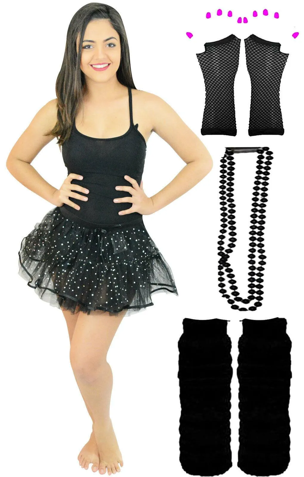 Ladies Sequin Tutu Skirt Beads Legwarmer Gloves Vest Black Hen Night Costume