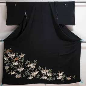 Leaves Embroidered Heron Tomesode - Black Kuro Sode Japanese Robe Motif