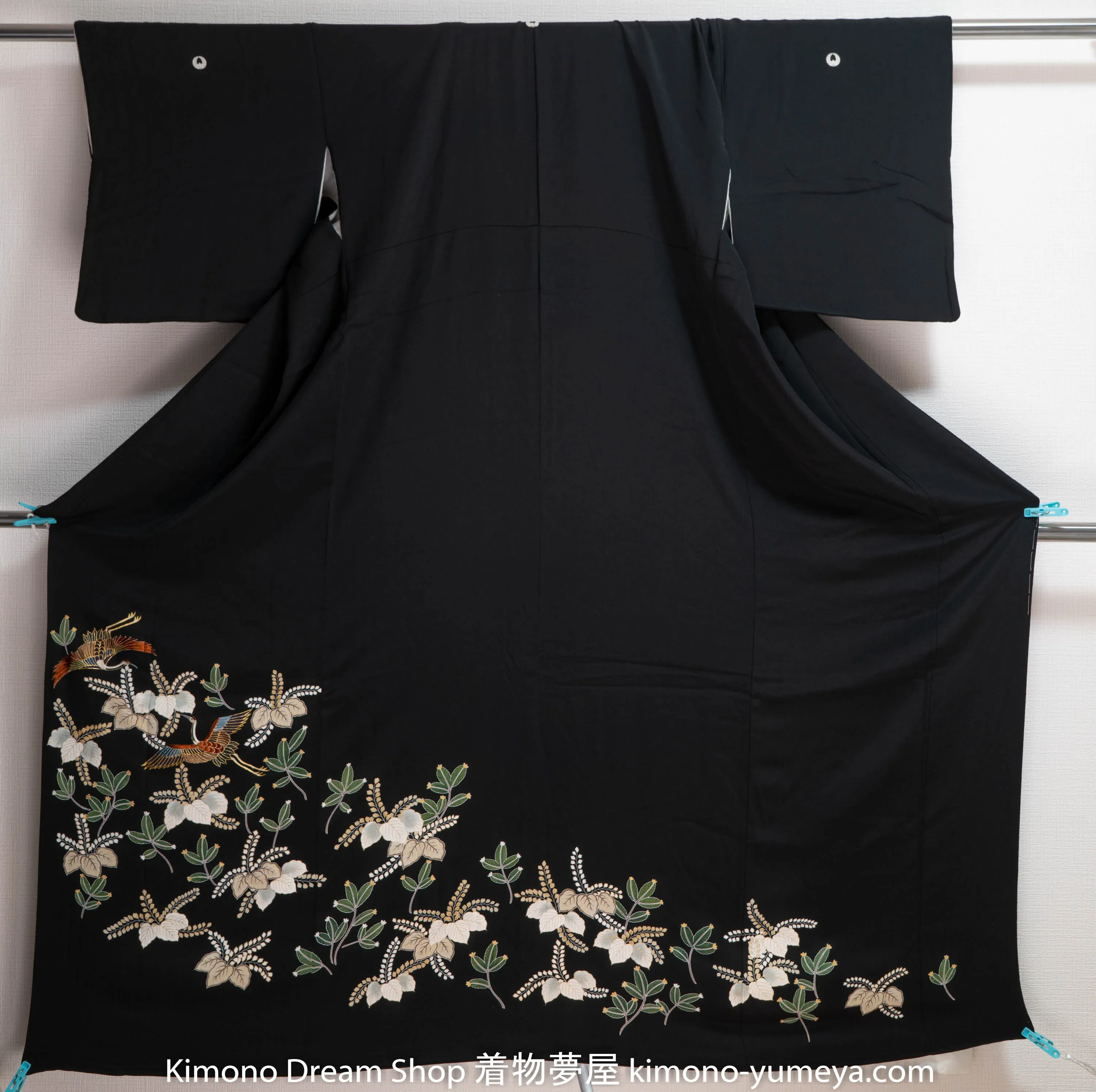 Leaves Embroidered Heron Tomesode - Black Kuro Sode Japanese Robe Motif