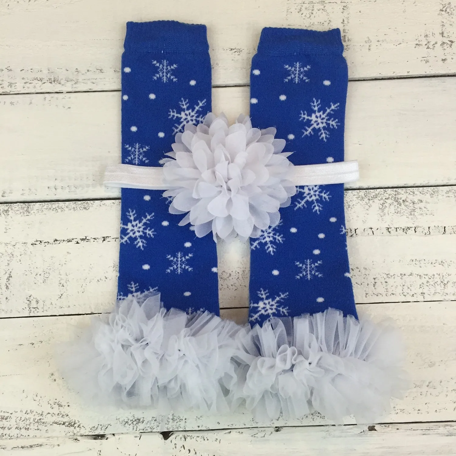 Leg Warmers - Blue Snowflakes, matching flower headband and bloomers