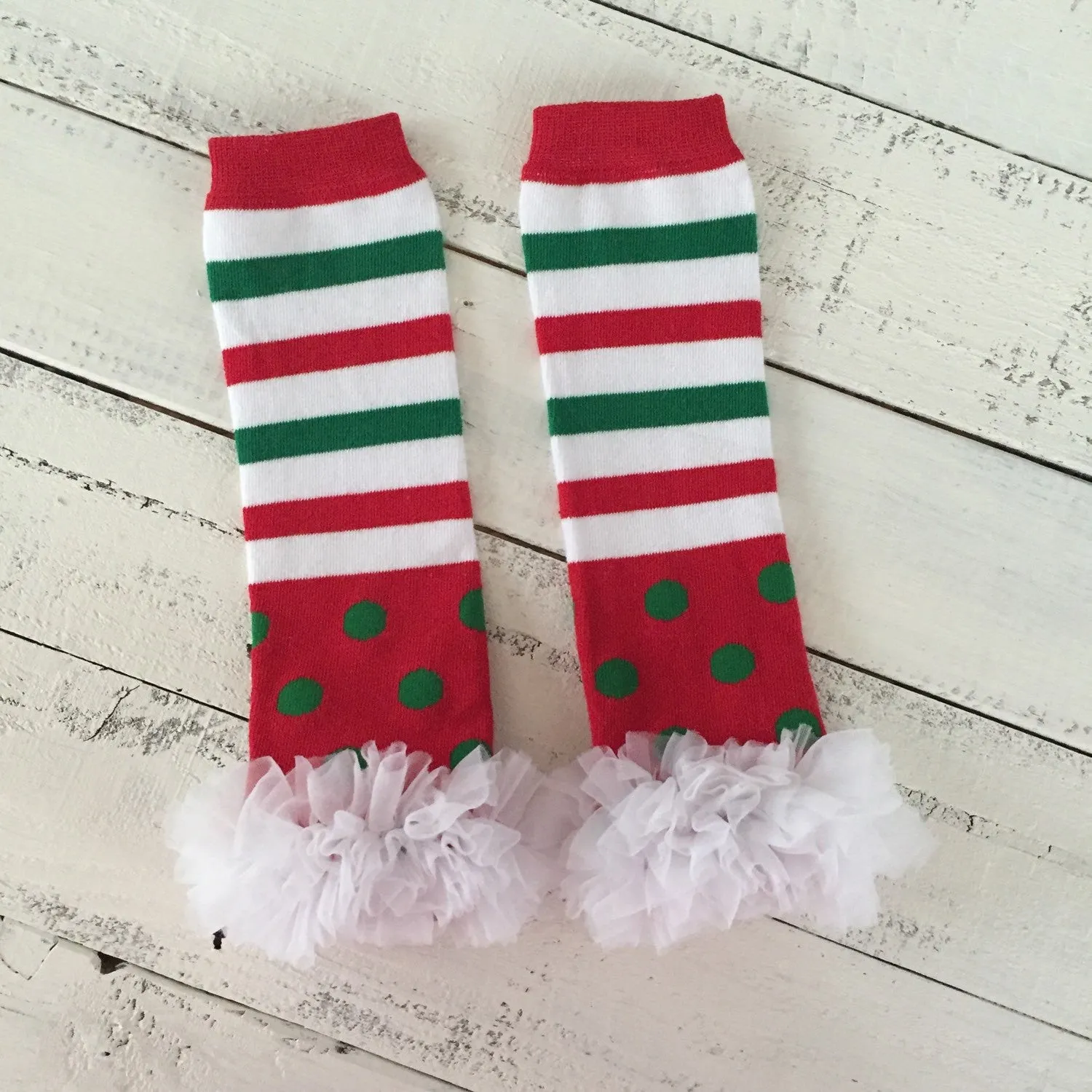 Leg Warmers - Christmas Red/White/Green with white ruffles