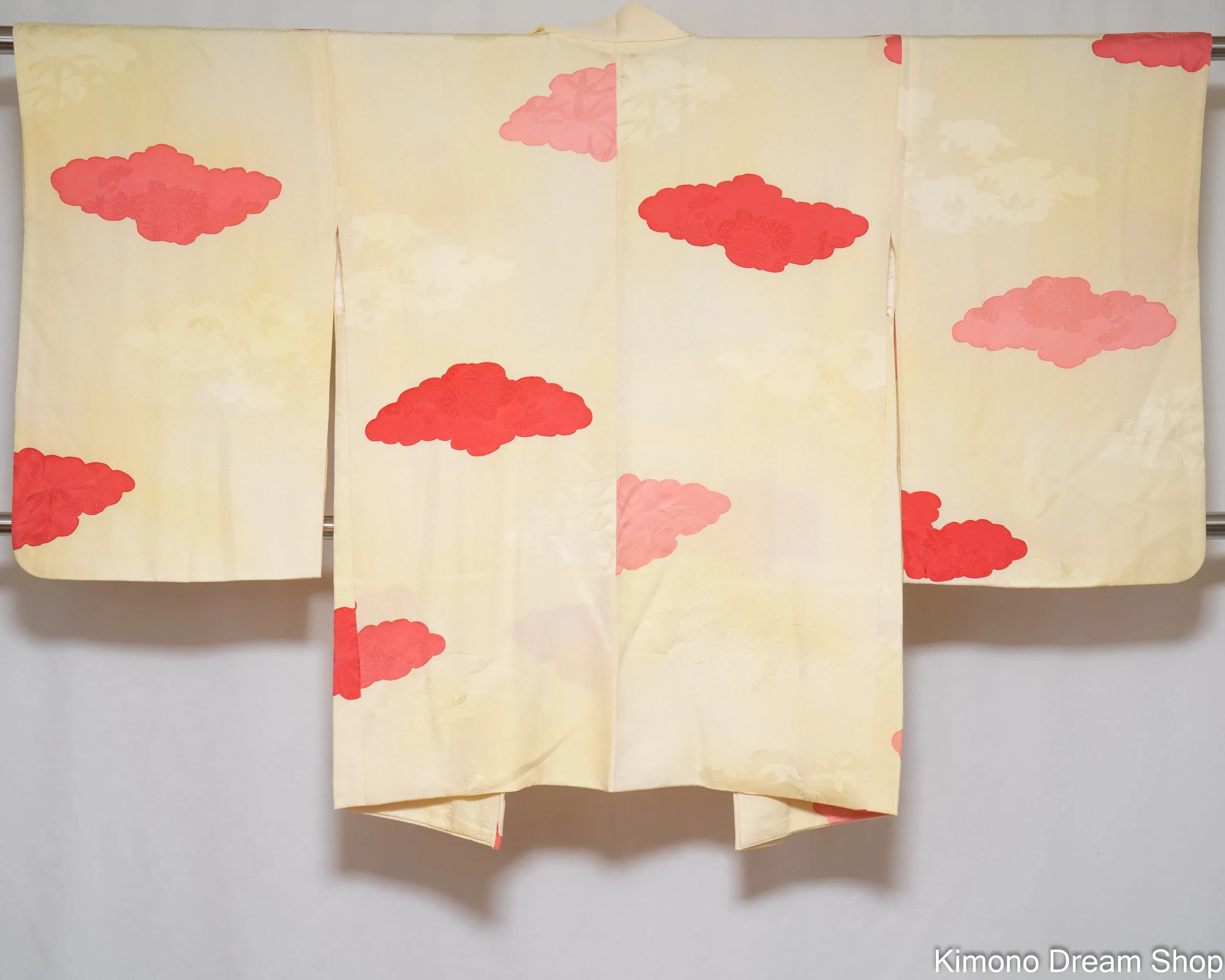 Light Yellow with Pink & Red Clouds Haori - Vintage Silk Kimono Jacket - Maple and Bamboo Leaves Weaved Into Fabric