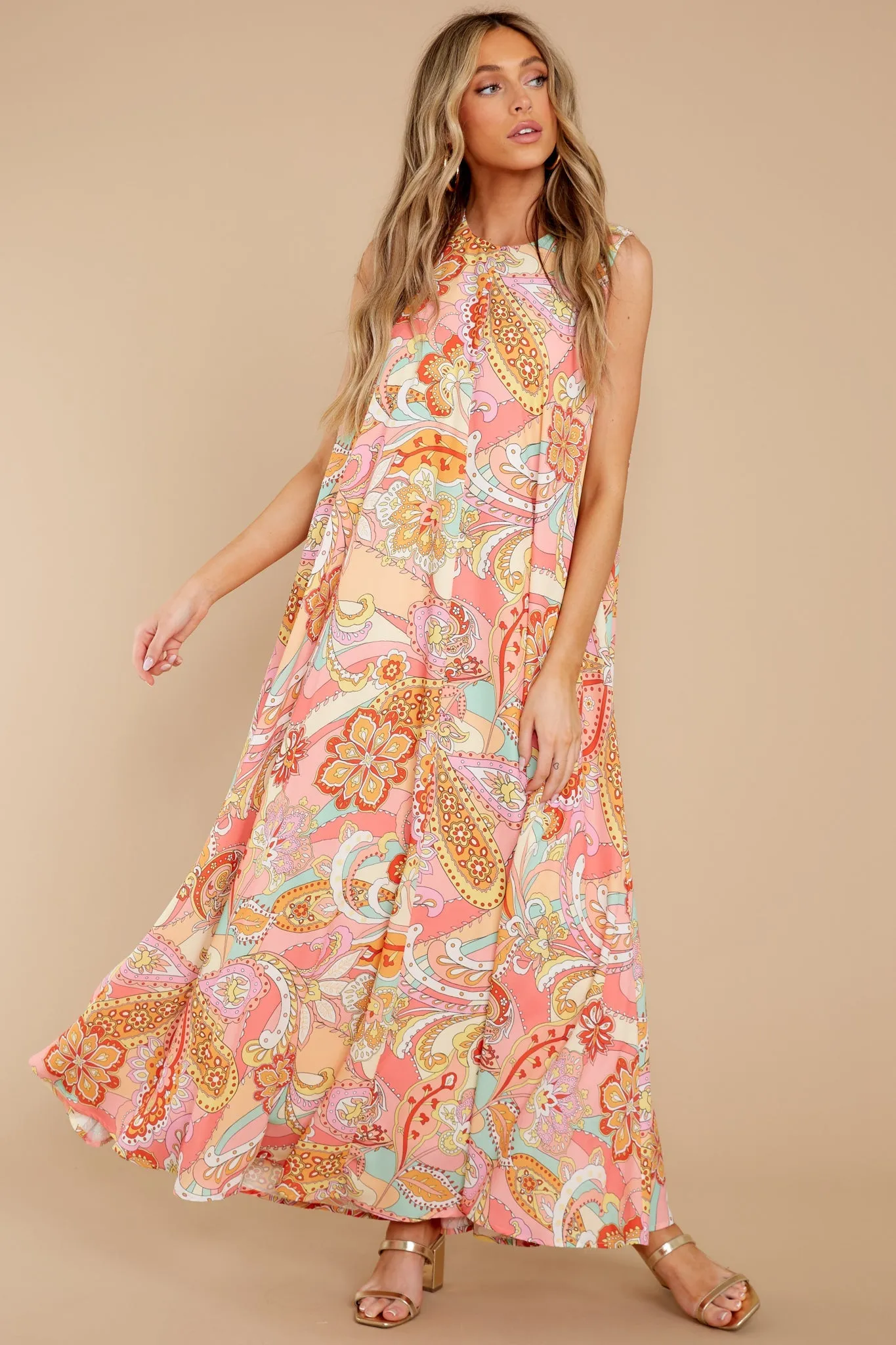 Like Fine Art Peach Pink Multi Print Maxi Dress