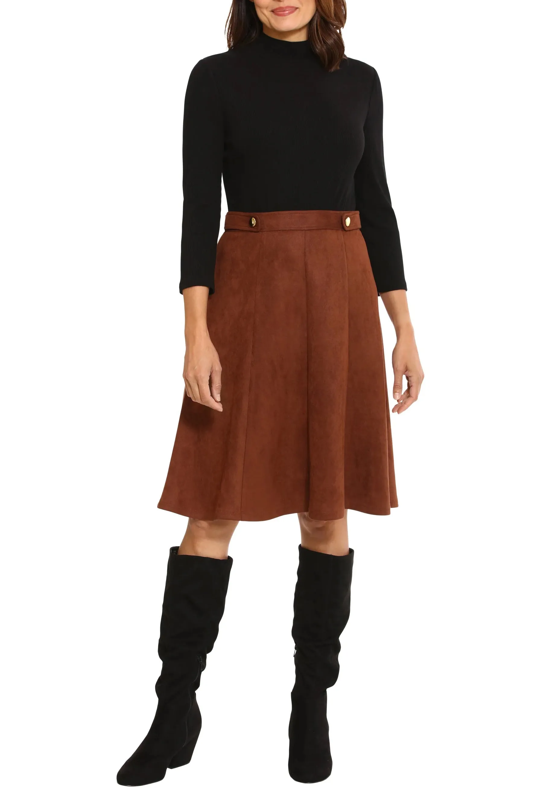 London Times high neck 3/4 sleeve ribbed top gold button detail suede skirt