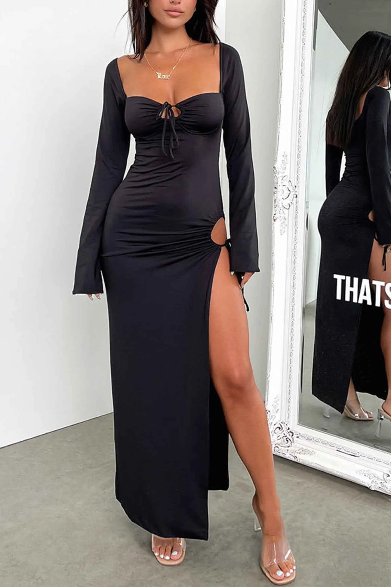 Long Sleeve Lace Up Hollow Out Slit Dress