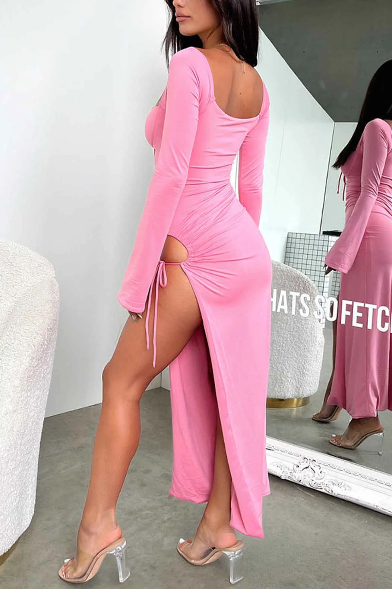 Long Sleeve Lace Up Hollow Out Slit Dress