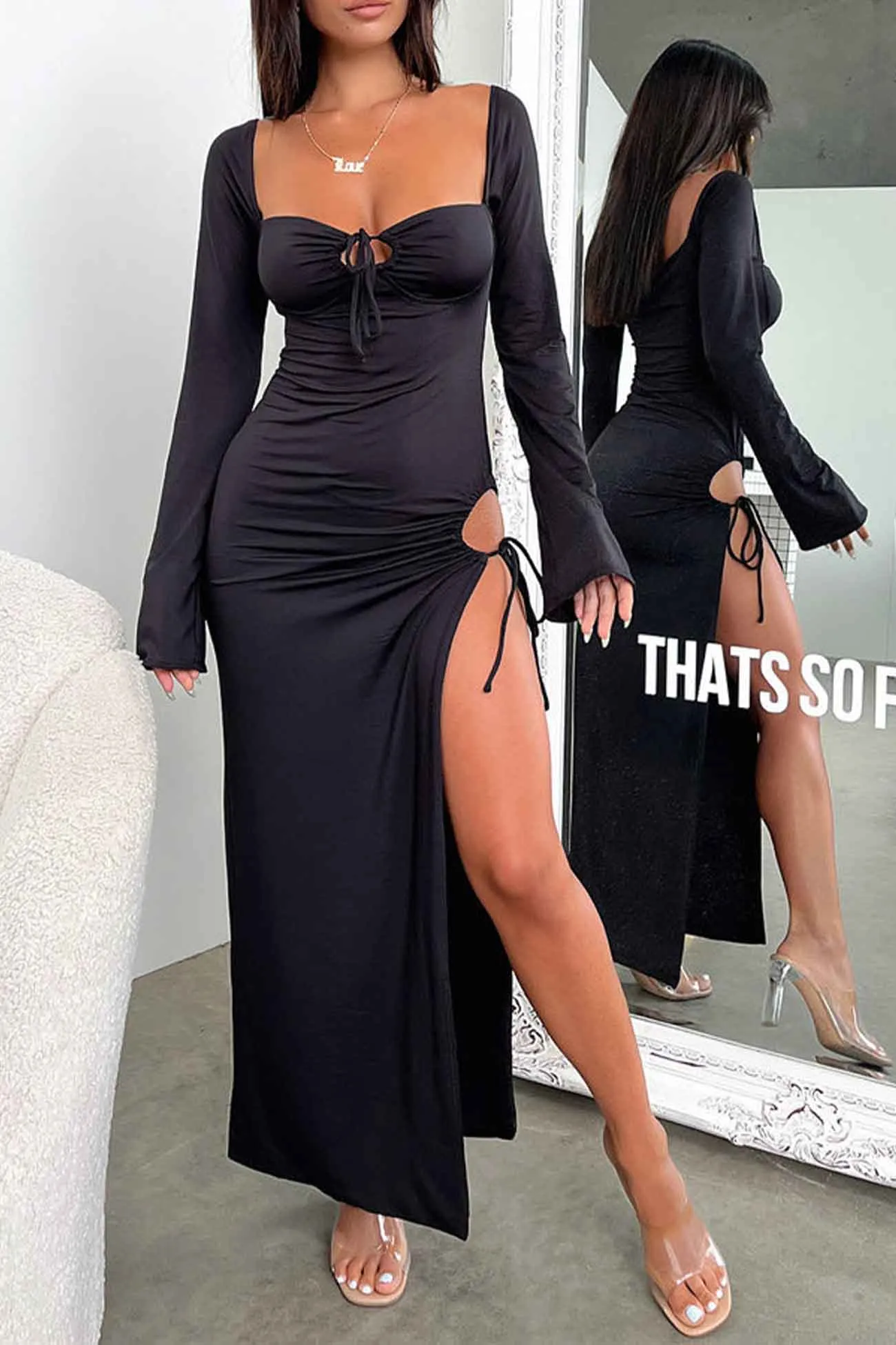 Long Sleeve Lace Up Hollow Out Slit Dress