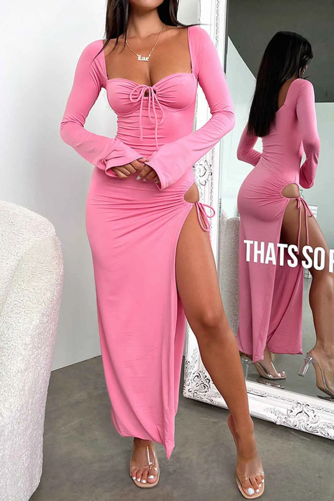 Long Sleeve Lace Up Hollow Out Slit Dress