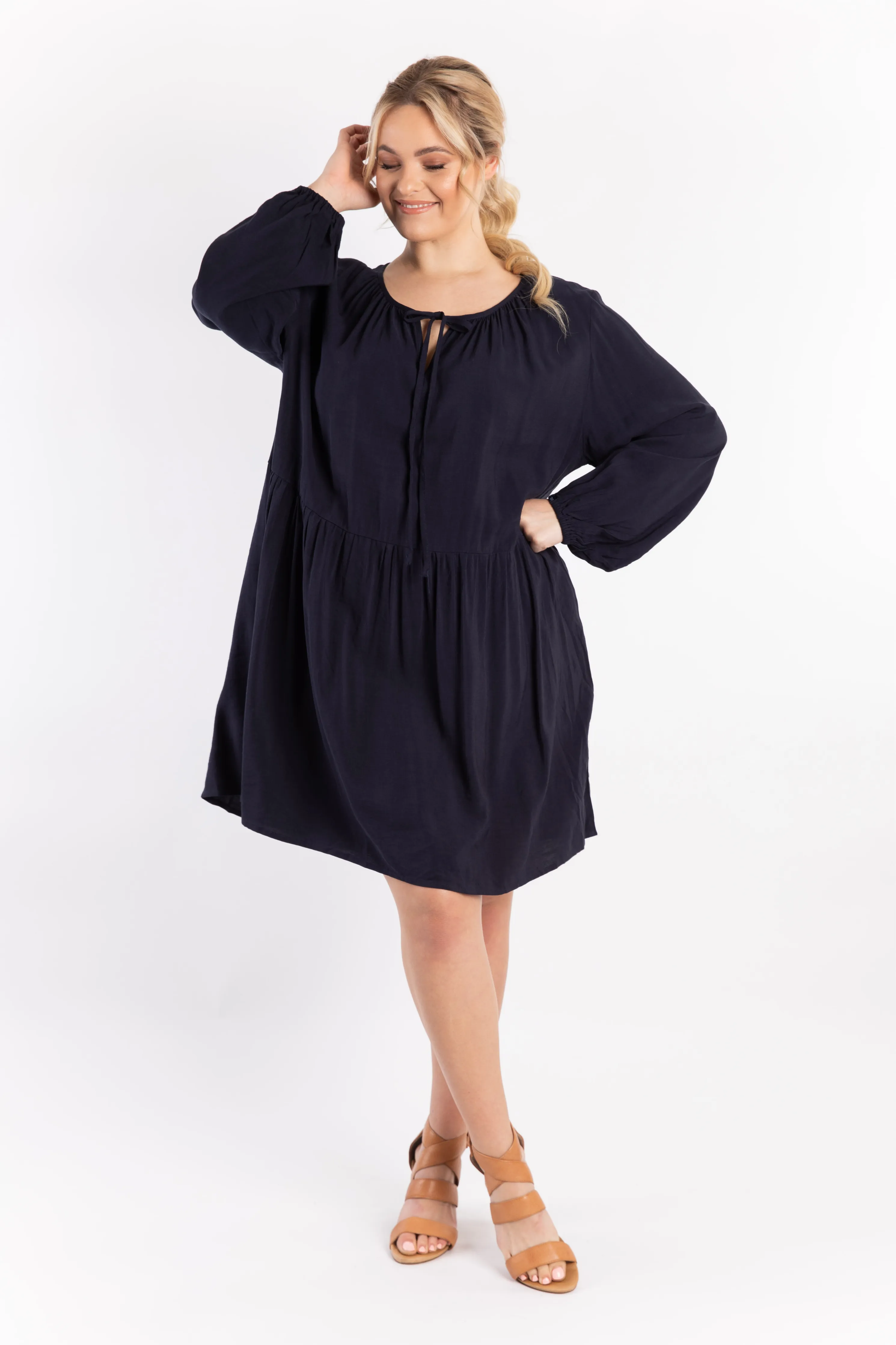 Long Sleeve Tie Front Midi Dress | Navy | FINAL SALE