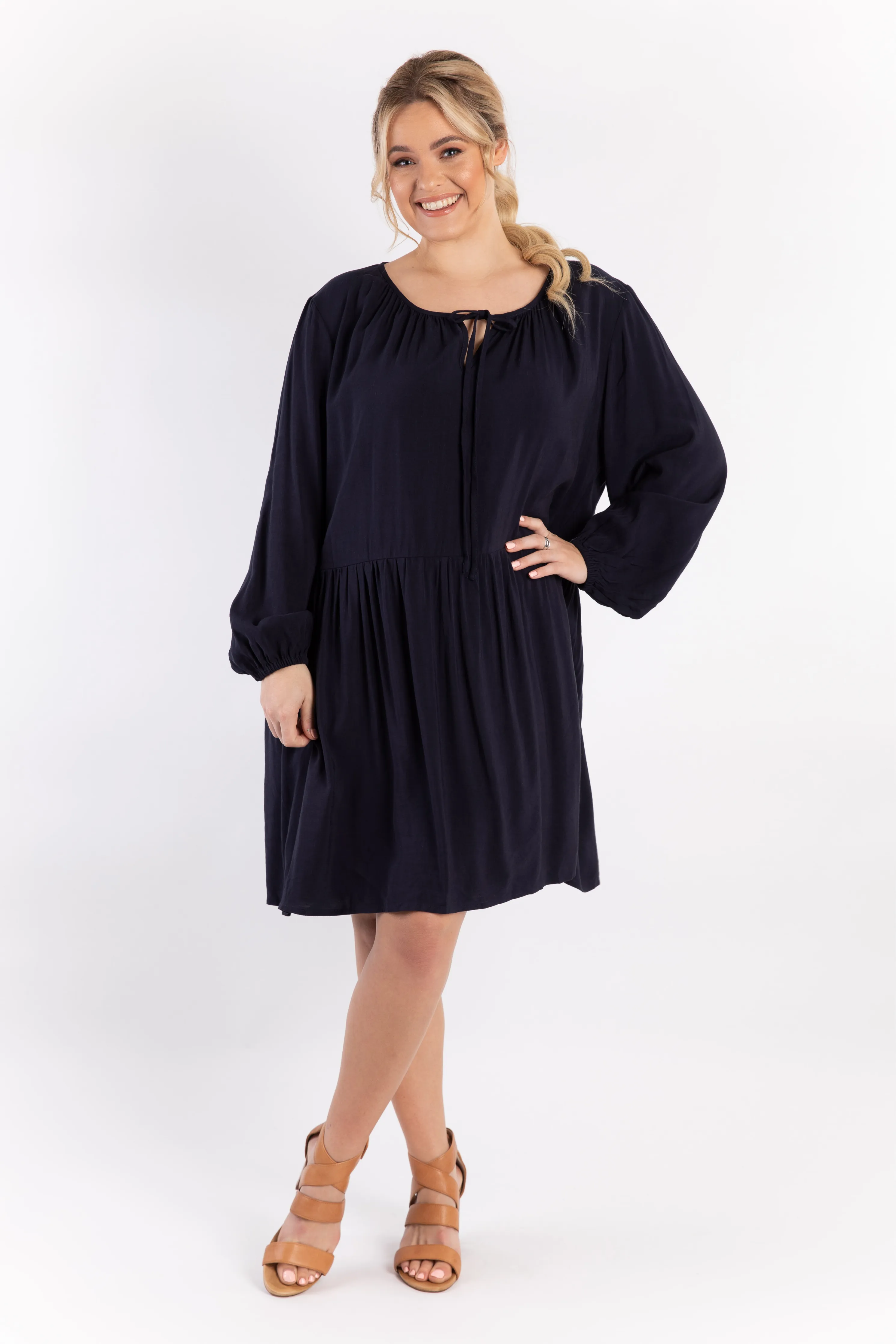 Long Sleeve Tie Front Midi Dress | Navy | FINAL SALE