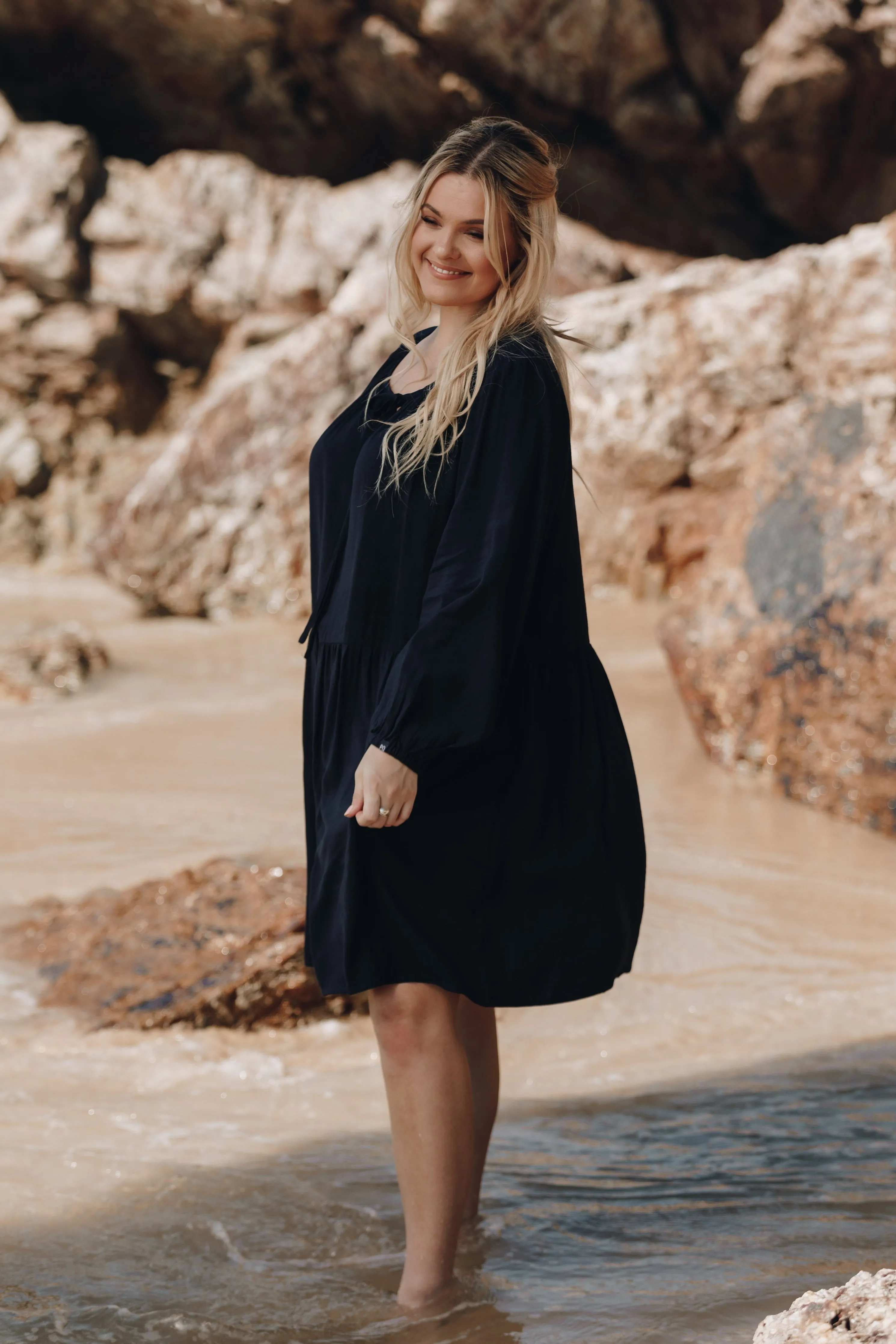 Long Sleeve Tie Front Midi Dress | Navy | FINAL SALE