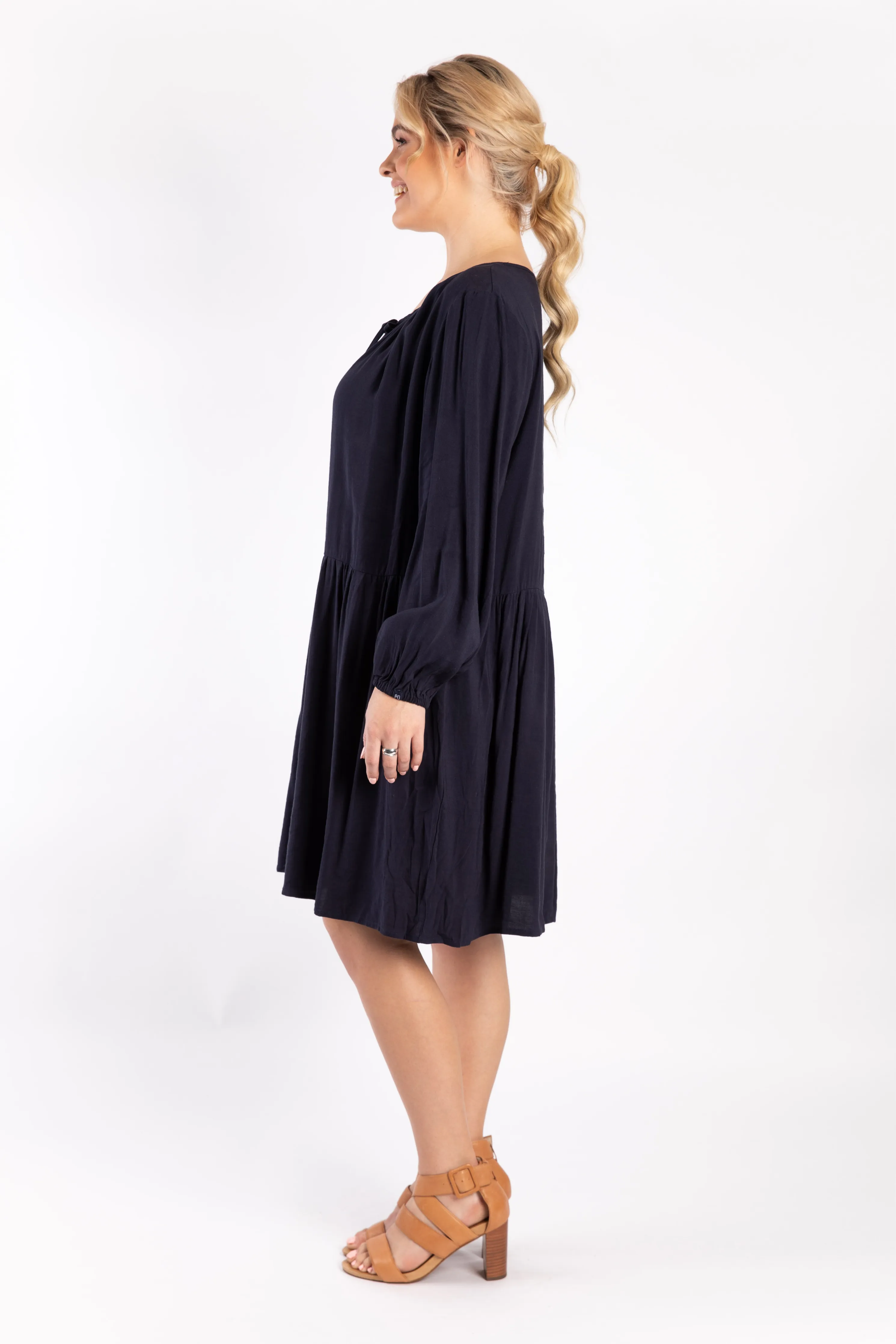 Long Sleeve Tie Front Midi Dress | Navy | FINAL SALE