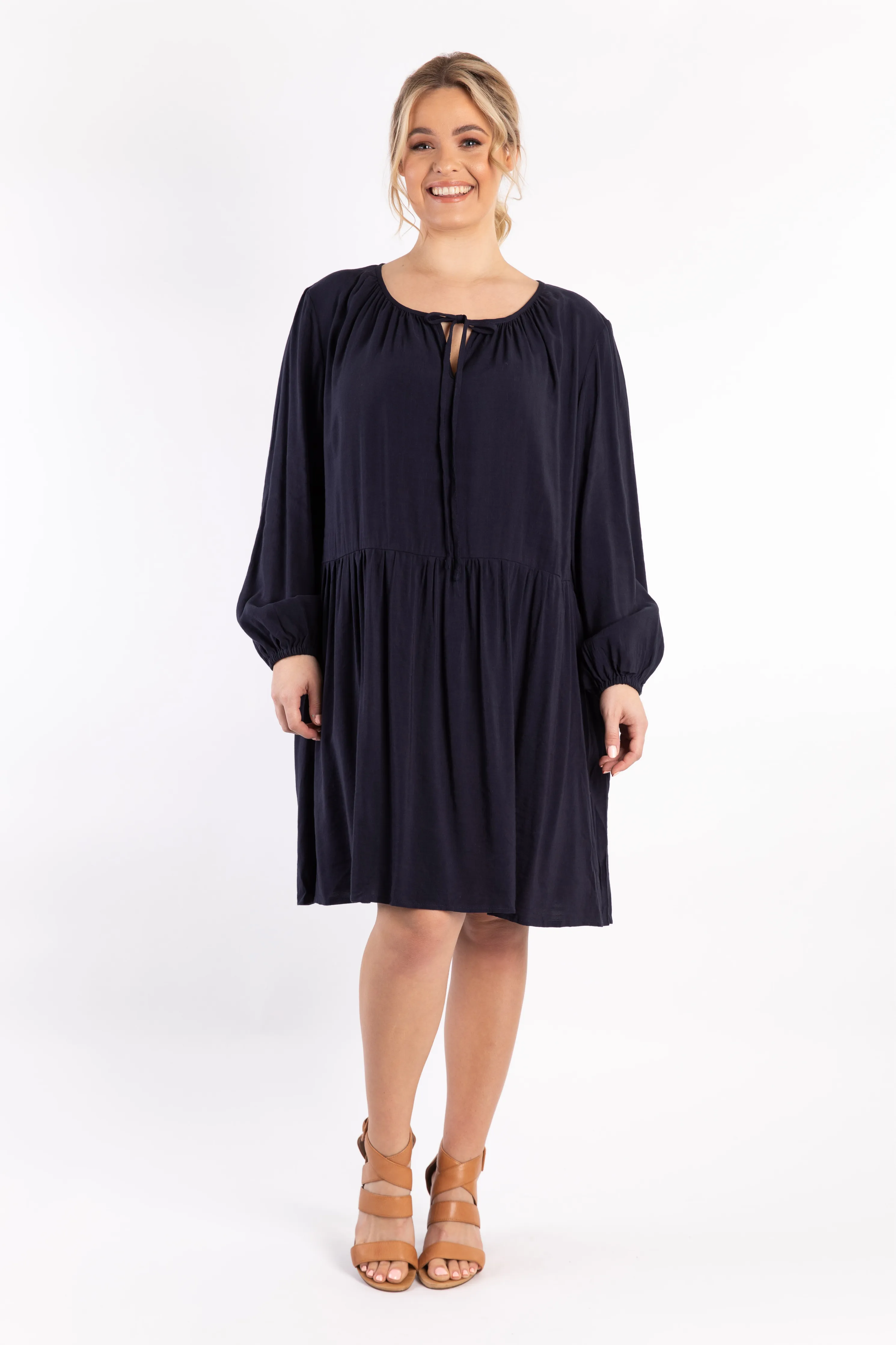 Long Sleeve Tie Front Midi Dress | Navy | FINAL SALE