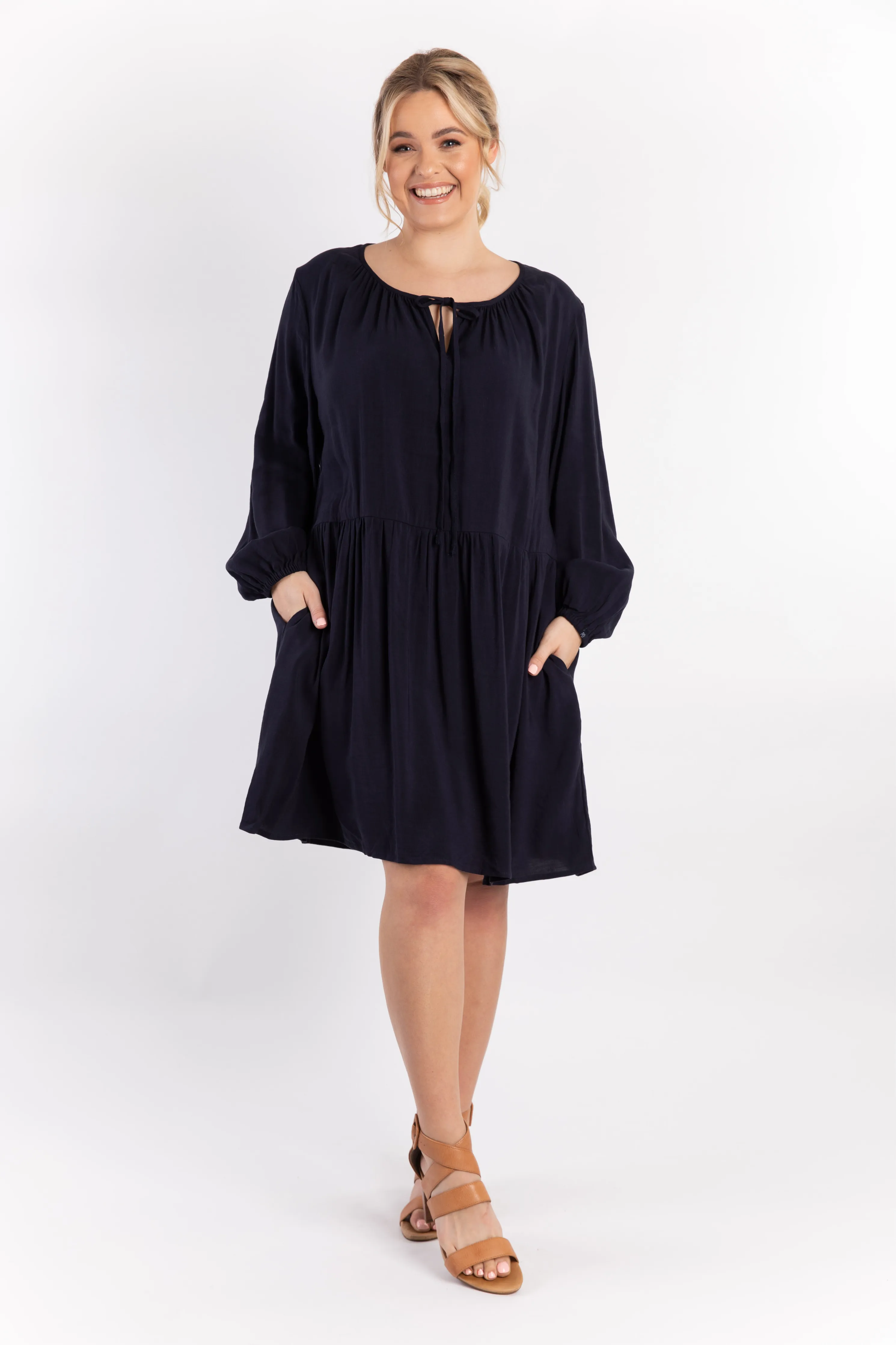 Long Sleeve Tie Front Midi Dress | Navy | FINAL SALE