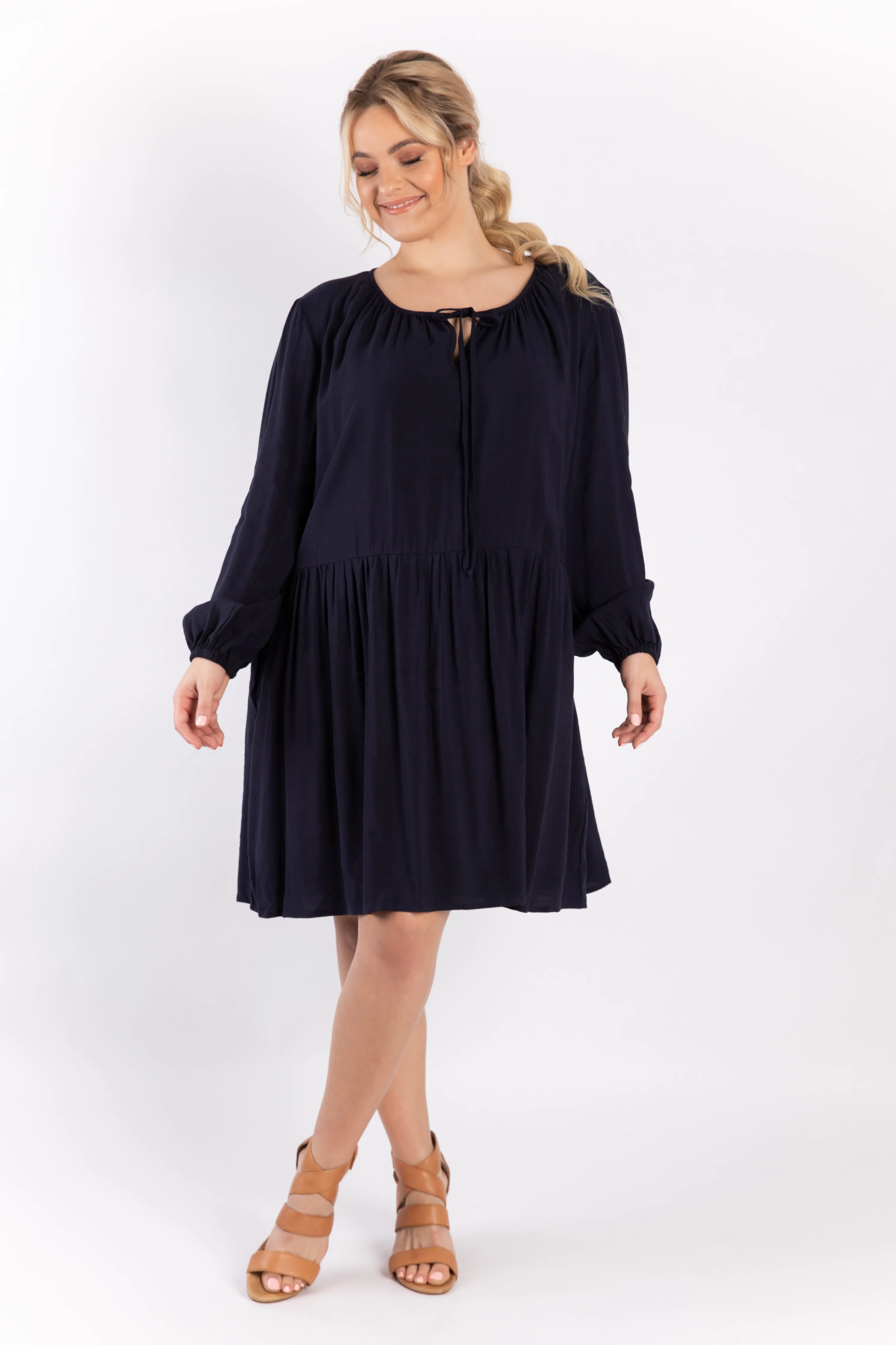 Long Sleeve Tie Front Midi Dress | Navy | FINAL SALE