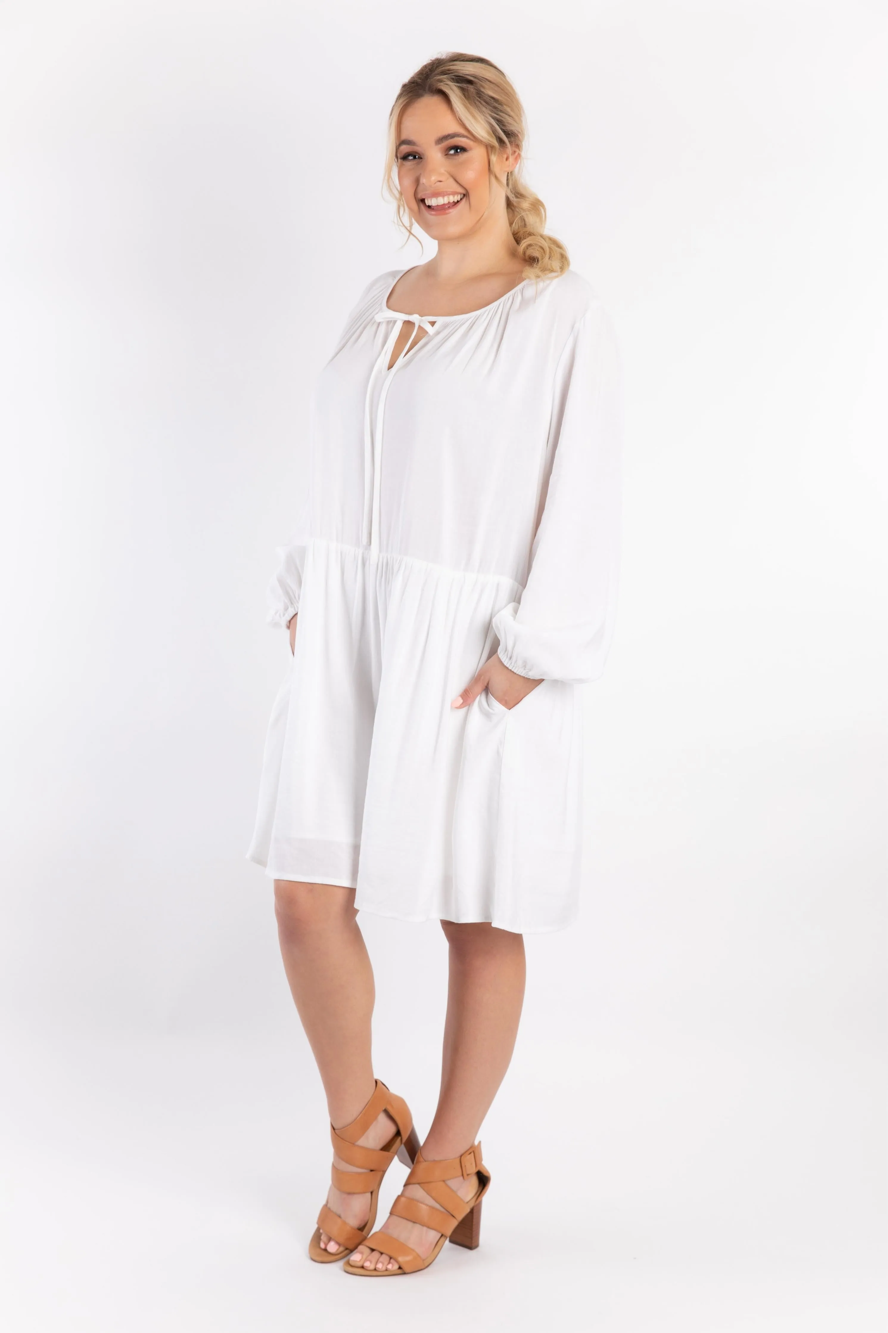 Long Sleeve Tie Front Midi Dress | White | FINAL SALE