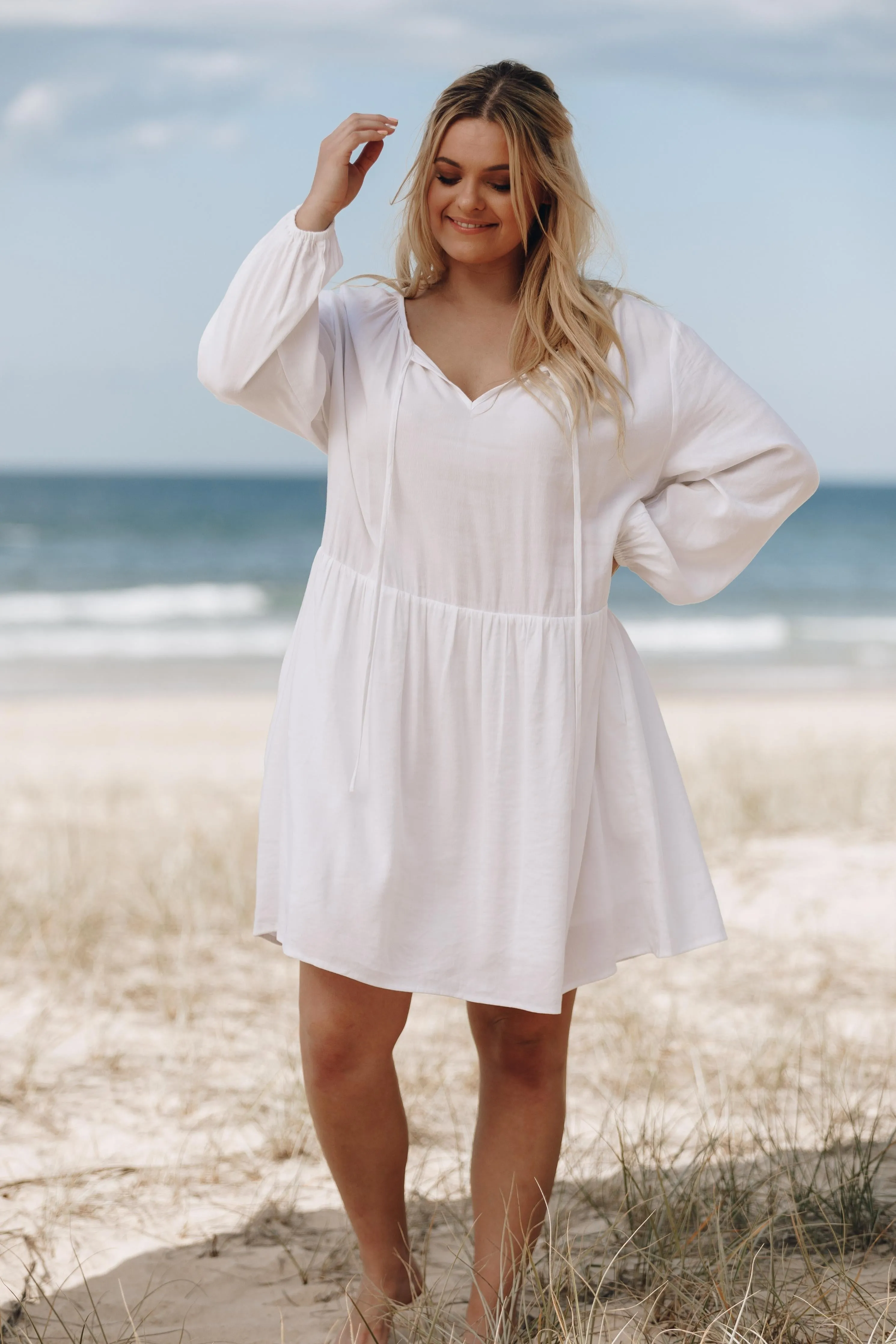 Long Sleeve Tie Front Midi Dress | White | FINAL SALE