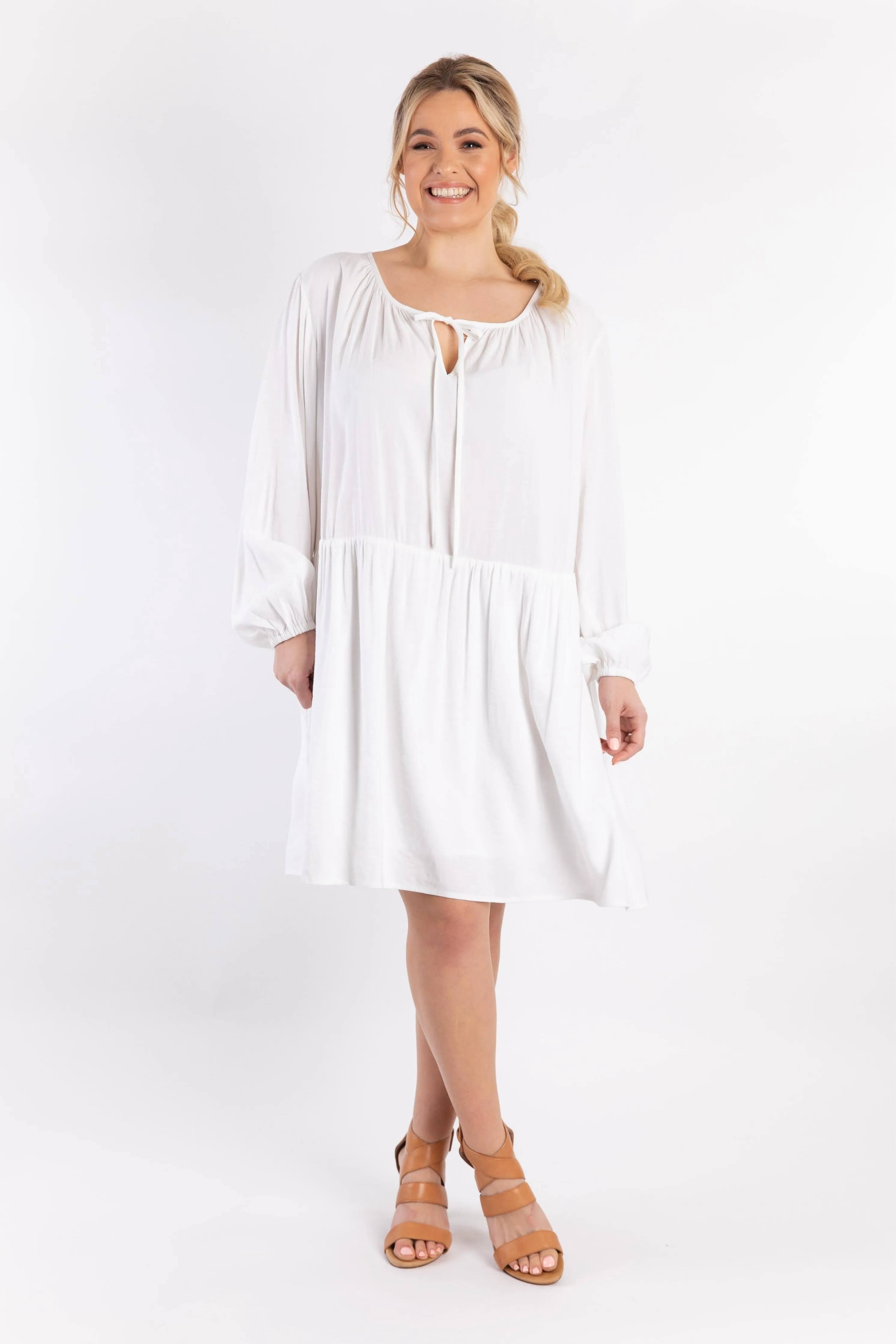 Long Sleeve Tie Front Midi Dress | White | FINAL SALE